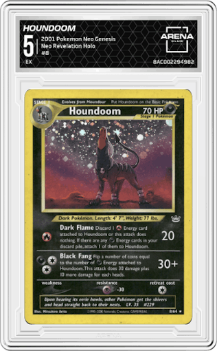 Houndoom from the 2001 Pokemon Neo Genesis set graded by Arena Club and given an overall grade of 5.