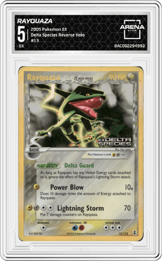 Rayquaza from the 2005 Pokemon EX set graded by Arena Club and given an overall grade of 5.