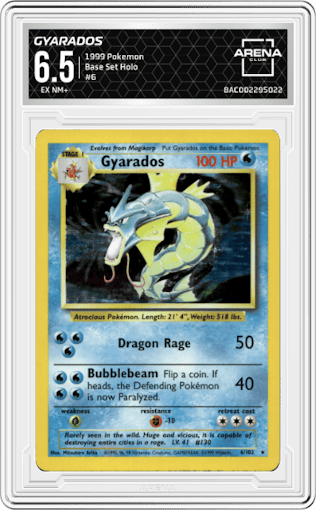 Gyarados from the 1999 Pokemon set graded by Arena Club and given an overall grade of 6.5.