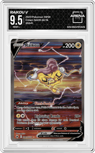 Raikou V from the 2023 Pokemon SWSH set graded by Arena Club and given an overall grade of 9.5.