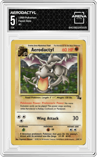 Aerodactyl from the 1999 Pokemon set graded by Arena Club and given an overall grade of 5.