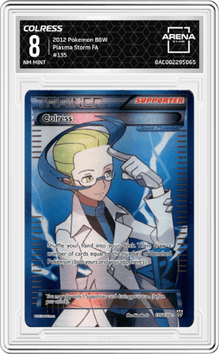 Colress from the 2012 Pokemon B&W set graded by Arena Club and given an overall grade of 8.