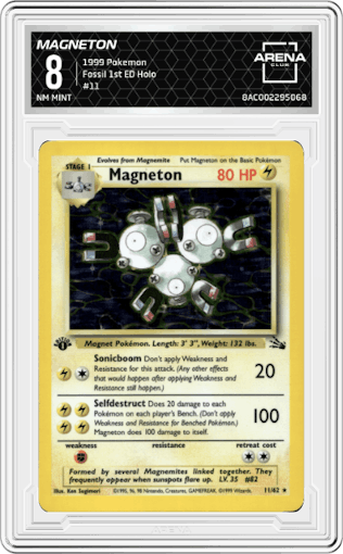 Magneton from the 1999 Pokemon set graded by Arena Club and given an overall grade of 8.