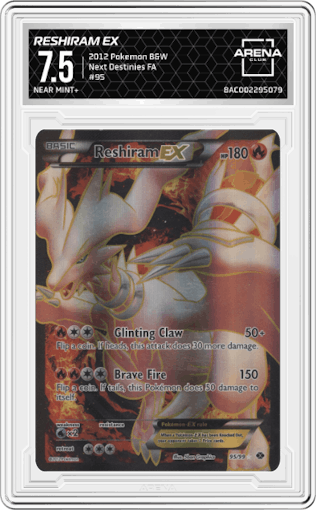 Reshiram EX from the 2012 Pokemon B&W set graded by Arena Club and given an overall grade of 7.5.
