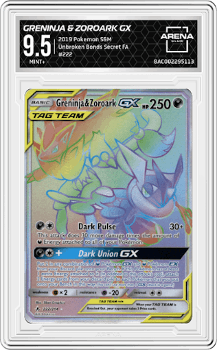 Greninja & Zoroark Gx from the 2019 Pokemon S&M  set graded by Arena Club and given an overall grade of 9.5.