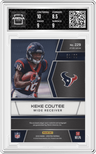 Keke Coutee from the 2018 Panini Spectra set featuring a Purple parallel graded by Arena Club and given an overall grade of 9.