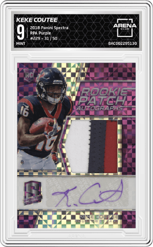 Keke Coutee from the 2018 Panini Spectra set featuring a Purple parallel graded by Arena Club and given an overall grade of 9.
