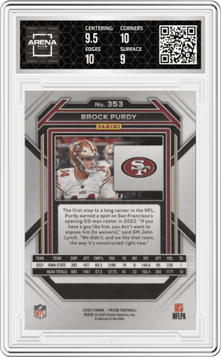 Brock Purdy from the 2022 Panini Prizm set graded by Arena Club and given an overall grade of 9.5.