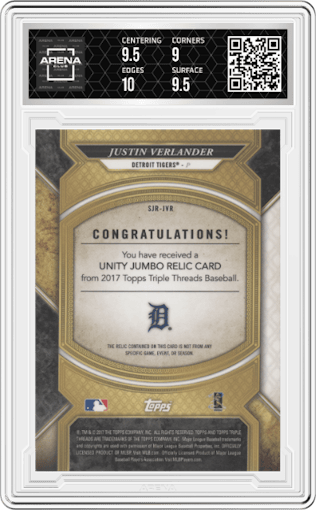 Justin Verlander from the 2017 Topps Triple Threads set featuring a Silver parallel graded by Arena Club and given an overall grade of 9.5.