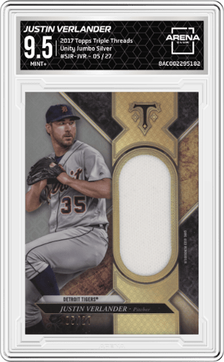 Justin Verlander from the 2017 Topps Triple Threads set featuring a Silver parallel graded by Arena Club and given an overall grade of 9.5.