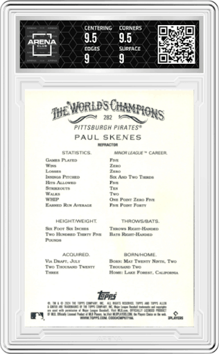 Paul Skenes from the 2024 Topps Allen & Ginter set featuring a Refractor parallel graded by Arena Club and given an overall grade of 9.5.