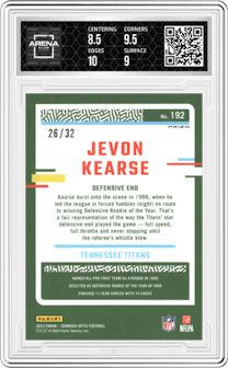 Jevon Kearse from the 2023 Donruss Optic set featuring a Shield parallel graded by Arena Club and given an overall grade of 9.