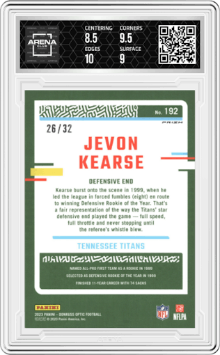 Jevon Kearse from the 2023 Donruss Optic set featuring a Shield parallel graded by Arena Club and given an overall grade of 9.