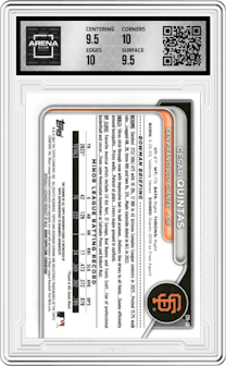 Cesar Quintas from the 2024 Bowman set featuring a Speckle Refractor parallel graded by Arena Club and given an overall grade of 10.