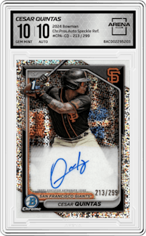 Cesar Quintas from the 2024 Bowman set featuring a Speckle Refractor parallel graded by Arena Club and given an overall grade of 10.