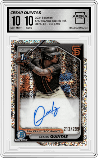 Cesar Quintas from the 2024 Bowman set featuring a Speckle Refractor parallel graded by Arena Club and given an overall grade of 10.