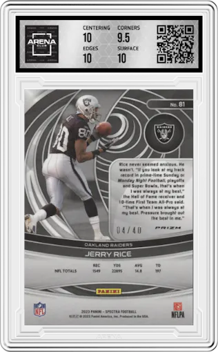 Jerry Rice from the 2023 Panini Spectra set featuring a Astral parallel graded by Arena Club and given an overall grade of 10.