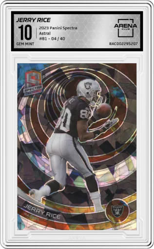 Jerry Rice from the 2023 Panini Spectra set featuring a Astral parallel graded by Arena Club and given an overall grade of 10.