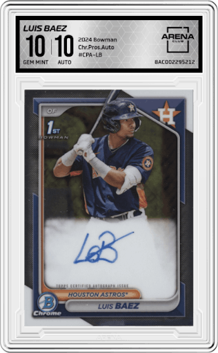 Luis Baez from the 2024 Bowman set graded by Arena Club and given an overall grade of 10.