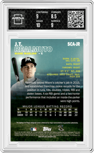 J.T. Realmuto from the 2016 Topps Stadium Club set graded by Arena Club and given an overall grade of 9.