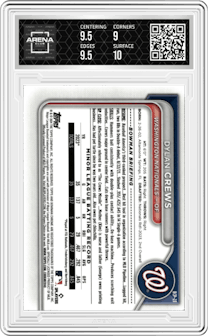 Dylan Crews from the 2024 Bowman set featuring a Lunar Glow Refractor parallel graded by Arena Club and given an overall grade of 9.5.