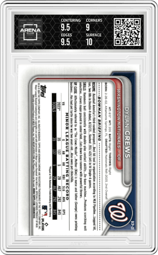 Dylan Crews from the 2024 Bowman set featuring a Lunar Glow Refractor parallel graded by Arena Club and given an overall grade of 9.5.