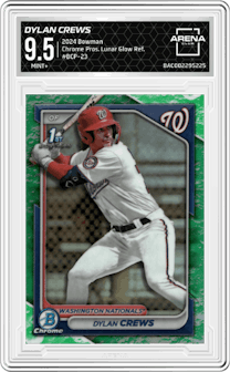 Dylan Crews from the 2024 Bowman set featuring a Lunar Glow Refractor parallel graded by Arena Club and given an overall grade of 9.5.