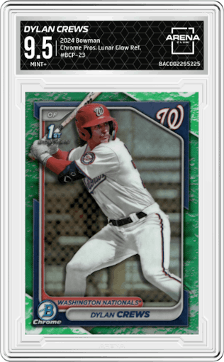 Dylan Crews from the 2024 Bowman set featuring a Lunar Glow Refractor parallel graded by Arena Club and given an overall grade of 9.5.