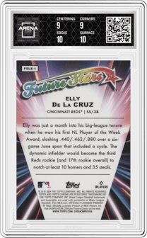 Elly De La Cruz from the 2024 Topps Chrome Logofractor set graded by Arena Club and given an overall grade of 9.5.