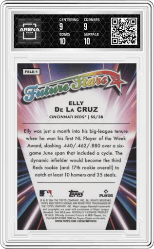 Elly De La Cruz from the 2024 Topps Chrome Logofractor set graded by Arena Club and given an overall grade of 9.5.