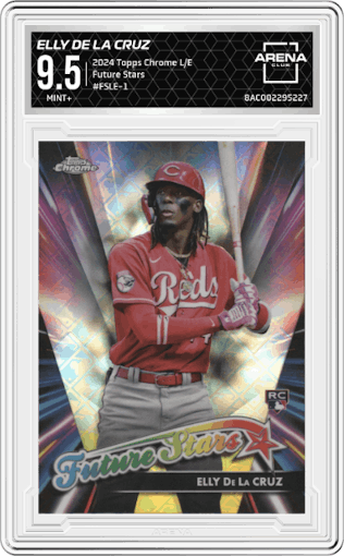 Elly De La Cruz from the 2024 Topps Chrome Logofractor set graded by Arena Club and given an overall grade of 9.5.