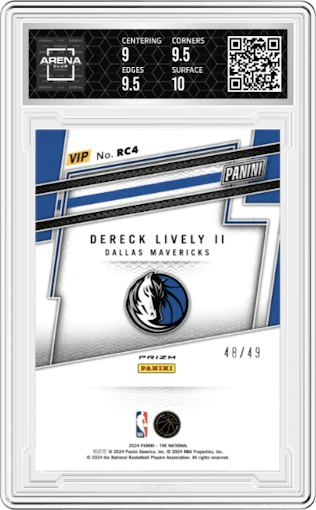 Dereck Lively II from the 2024 Panini The National VIP set featuring a Purple Sparkle parallel graded by Arena Club and given an overall grade of 9.5.