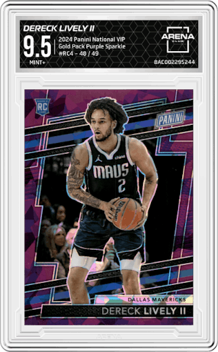 Dereck Lively II from the 2024 Panini The National VIP set featuring a Purple Sparkle parallel graded by Arena Club and given an overall grade of 9.5.