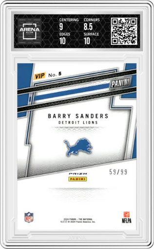 Barry Sanders from the 2024 Panini The National VIP set featuring a Green Sparkle parallel graded by Arena Club and given an overall grade of 9.