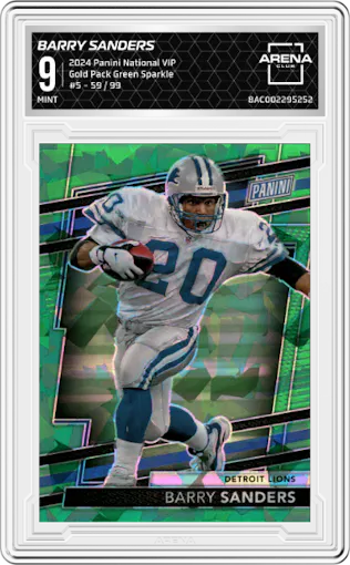 Barry Sanders from the 2024 Panini The National VIP set featuring a Green Sparkle parallel graded by Arena Club and given an overall grade of 9.