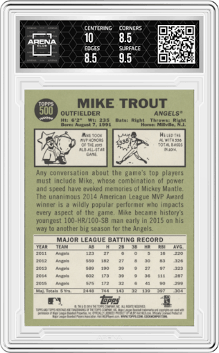 Mike Trout from the 2016 Topps Heritage set graded by Arena Club and given an overall grade of 9.