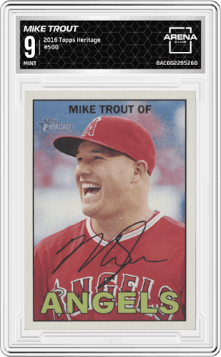 Mike Trout from the 2016 Topps Heritage set graded by Arena Club and given an overall grade of 9.