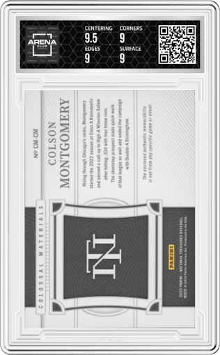 Colson Montgomery from the 2023 Panini National Treasures set graded by Arena Club and given an overall grade of 9.