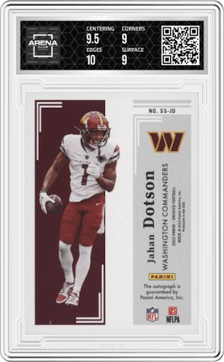 Jahan Dotson from the 2022 Panini Encased set graded by Arena Club and given an overall grade of 9.5.