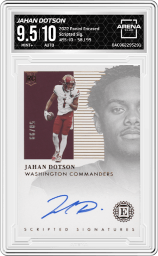 Jahan Dotson from the 2022 Panini Encased set graded by Arena Club and given an overall grade of 9.5.