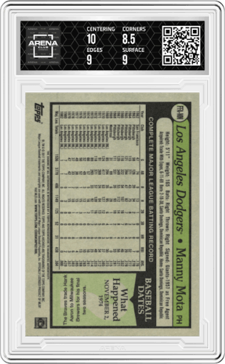 Manny Mota from the 2017 Topps Archives set graded by Arena Club and given an overall grade of 9.