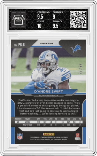 D'Andre Swift from the 2020 Panini Chronicles set featuring a Orange parallel graded by Arena Club and given an overall grade of 9.5.