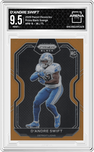 D'Andre Swift from the 2020 Panini Chronicles set featuring a Orange parallel graded by Arena Club and given an overall grade of 9.5.