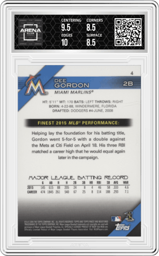 Dee Gordon from the 2016 Topps Finest set featuring a Red Refractor parallel graded by Arena Club and given an overall grade of 9.