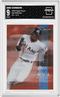 Dee Gordon from the 2016 Topps Finest set featuring a Red Refractor parallel graded by Arena Club and given an overall grade of 9.