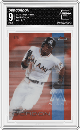 Dee Gordon from the 2016 Topps Finest set featuring a Red Refractor parallel graded by Arena Club and given an overall grade of 9.