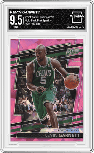 Kevin Garnett from the 2024 Panini The National VIP set featuring a Pink Sparkle parallel graded by Arena Club and given an overall grade of 9.5.