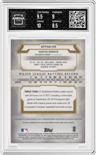 Hunter Renfroe from the 2018 Topps Triple Threads set featuring a Onyx parallel graded by Arena Club and given an overall grade of 9.