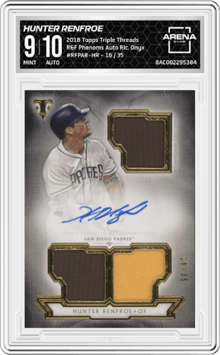 Hunter Renfroe from the 2018 Topps Triple Threads set featuring a Onyx parallel graded by Arena Club and given an overall grade of 9.