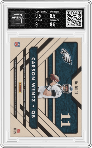 Carson Wentz from the 2018 Panini Gold Standard set graded by Arena Club and given an overall grade of 9.